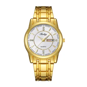Detailed view of luxury men's gold quartz watch with white dial, rhinestones and day-date.