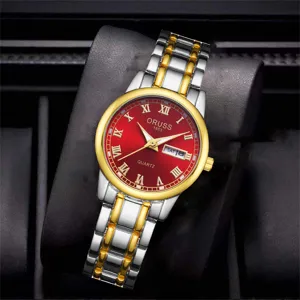 Montre quartz pour femme avec cadran rouge, chiffres romains, bracelet bicolore et date.