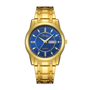 Men's gold quartz watch with blue dial, stainless steel strap, and day-date display detail.