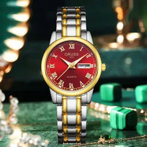 Élégante montre à quartz pour femme avec cadran rouge, chiffres romains et double calendrier.
