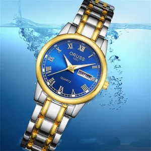 Montre quartz pour femme étanche avec affichage double calendrier et bracelet en métal détail.
