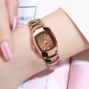 Elegant rose gold square quartz watch detail, featuring a metallic strap and sparkling dial.