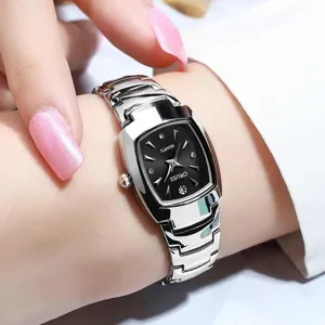 Elegant women's quartz watch with silver metal strap and black dial for daily wear.