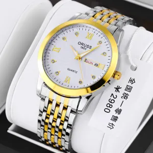 Men's quartz watch with dual-tone stainless steel strap, white dial and day-date display.