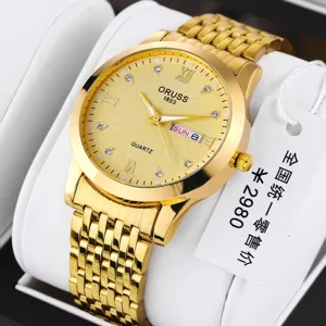 Men gold quartz watch with calendar display, elegant metallic strap and clear dial design.