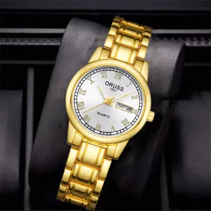 Montre quartz femme en or avec chiffres romains et affichage de date style elegant.
