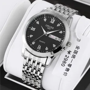 Stainless steel men's quartz watch with black dial, Roman numerals, and calendar display.