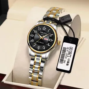 Elegant women wristwatch with two-tone stainless steel strap and classic black dial.