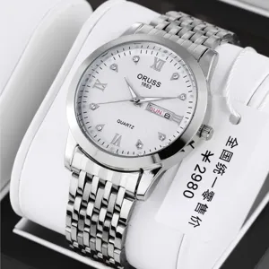 ORUSS men quartz watch stainless steel strap white dial luxury business wristwatch gift box