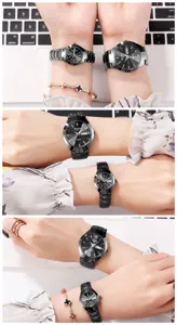Couple quartz watch set with black dial tungsten steel bracelet and calendar display for adults