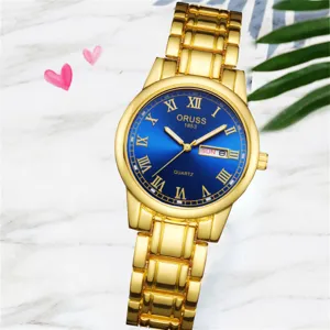 Montre à quartz dorée pour femme avec cadran bleu chiffres romains et détails de date.
