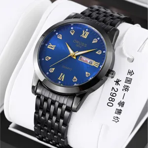 Detailed view of the stylish men's watch with blue dial, roman numerals, and metal strap.