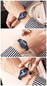 Quartz wristwatch with blue dial and black steel strap, business casual couple watch design.