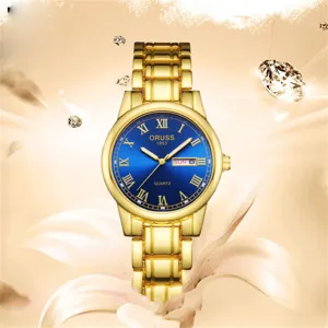 Montre quartz élégante avec bracelet doré et cadran bleu chiffres romains date.