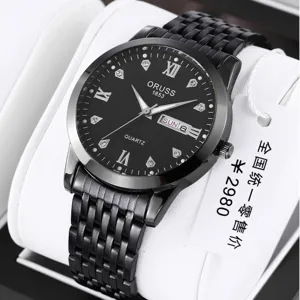 Men's quartz watch with black metal strap, classic round dial, roman numerals, and calendar display.
