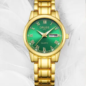 Montre quartz femme doree avec cadran vert chiffres romains calendrier accessoire mode chic