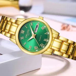 Montre quartz dore pour femme avec cadran vert chiffres romains et affichage date