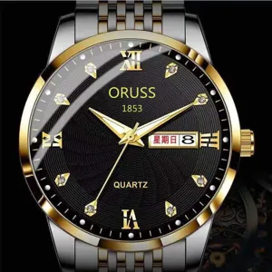 Men's luxury quartz wristwatch, black textured dial, gold roman numerals, steel strap.