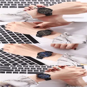 Women quartz watch with sleek leather strap and minimalist round dial for daily fashion wear.