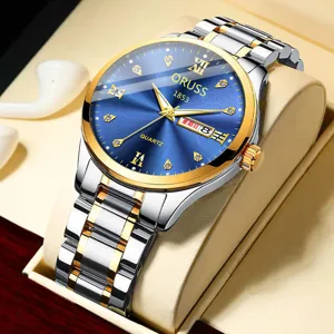 Luxury mens quartz watch with blue dial, dual-tone steel strap, and calendar display.