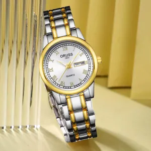 Montre quartz femme bracelet acier inoxydable bicolore cadran blanc chiffres romains