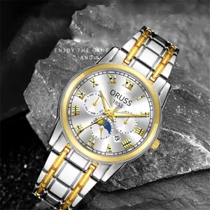 Detailed shot of the luxury quartz watch with dual-tone stainless steel strap and roman numerals.