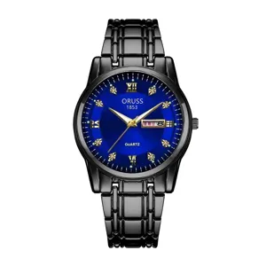 Herren Quarzuhr schwarzes Edelstahlarband blaues Zifferblatt Luxus Business Armbanduhr