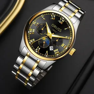 Men's quartz watch with two-tone metal strap, black dial and classic Roman numerals for daily wear.