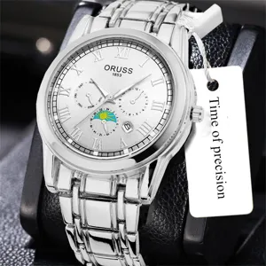 Men's stylish quartz watch with silver dial, Roman numerals and stainless steel strap.