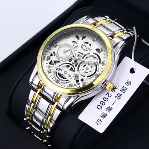 Men's fashion skeleton mechanical watch business casual waterproof stainless steel wristwatch