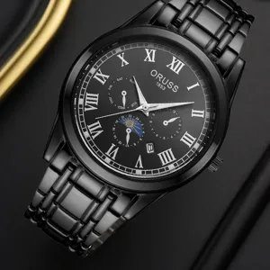 Sleek black men's quartz watch featuring Roman numerals and steel strap for daily wear.