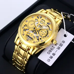 Men's gold mechanical wristwatch with skeleton dial, stainless steel strap and luxury business design.