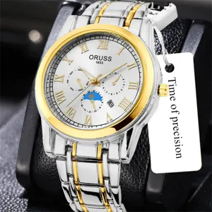 Men quartz watch two tone stainless steel strap roman numerals elegant business wristwatch