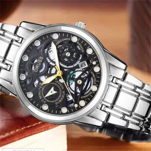 Κλασικό ανδρικό επαγγελματικό ρολόι quartz από ανοξείδωτο χάλυβα με μαύρο καντράν.