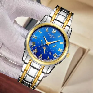 Detailed close-up of a men's quartz watch featuring a striking blue dial with roman numerals.