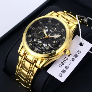 Gold stainless steel men watch with black skeleton dial fashion business luxury wristwatch