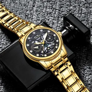 Ανδρικό επαγγελματικό χρυσό ρολόι quartz με μαύρο skeleton καντράν από ανοξείδωτο ατσάλι.