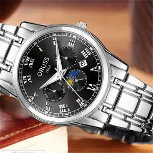 Men quartz watch silver stainless steel strap black dial Roman numerals dress wristwatch detail