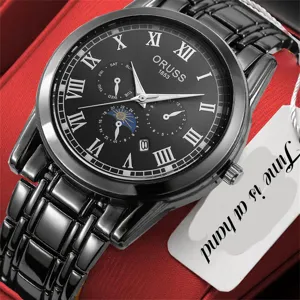 Men's black quartz wristwatch featuring Roman numerals, metal steel strap, and gift box.