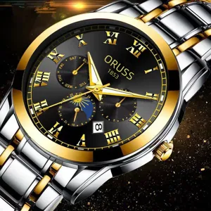 Men's luxury quartz watch with black dial, gold Roman numerals, and stainless steel band for daily wear.