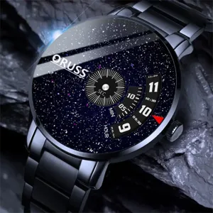 Detailed close-up of men's black steel quartz watch featuring starry dial and unique disc display.