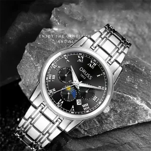 Close-up detail view of luxury men quartz watch featuring silver steel strap and black dial.