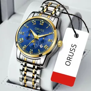 Men's quartz watch luxury stainless steel strap blue dial business casual waterproof wristwatch