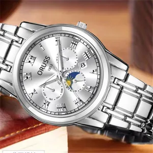 Men's stylish silver quartz wristwatch with metal strap and classic Roman numeral dial.