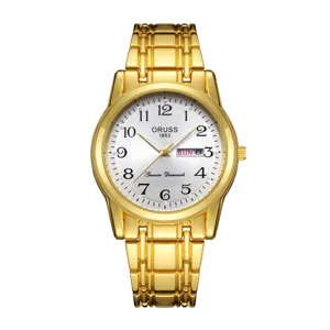 Men's gold quartz watch with classic white Arabic numeral dial, calendar display and metal strap.