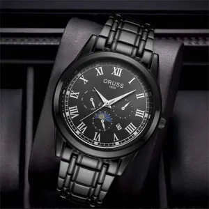 Men's luxury black quartz watch with Roman numerals, stainless steel strap and calendar display.