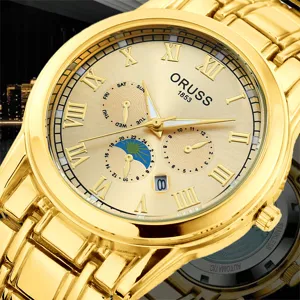 Gold mechanical men watch waterproof luxury business dress wrist watch with roman numerals