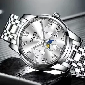Men's silver quartz watch with stainless steel strap, Roman numerals and multi-function dials.