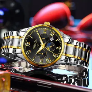 Men stylish quartz watch with steel strap waterproof business casual wristwatch detail view