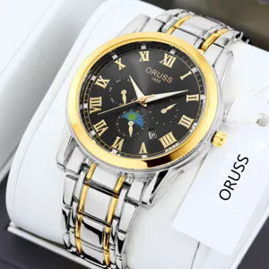 Men's stylish two-tone stainless steel quartz watch with black dial and Roman numerals.